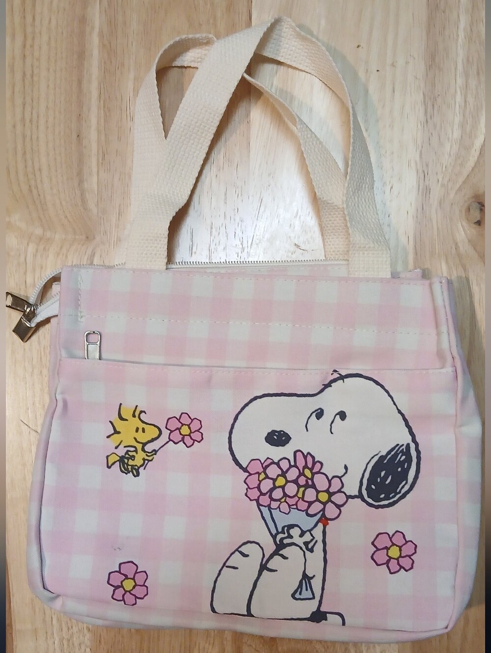 Peanuts -Snoopy & Woodstock, Pink & White Checkered Tote, Front Zippered Pocket